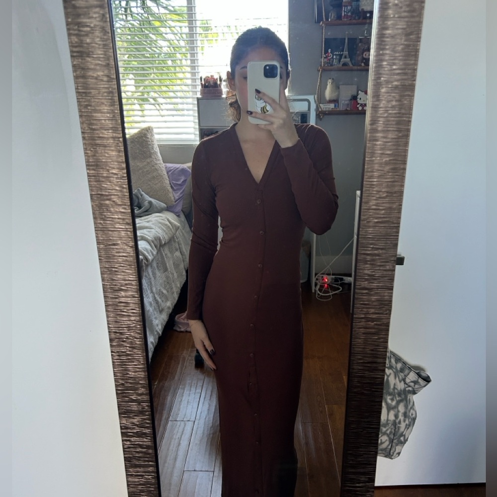 Express Brown Long-Sleeve Button-Front V-Neck Midi Dress